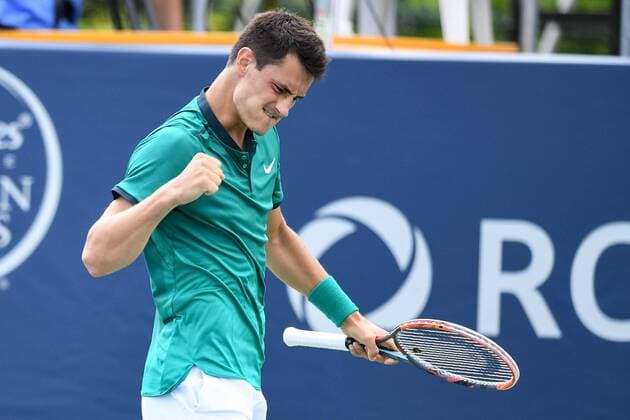 July 28, 2016: Bernard Tomic of Australia reacts after winning a point against Kevin Anderson of South Africa during their third round match of the Rogers Cup tournament at the Aviva Centre in Toronto, Ontario, Canada on July 28, 2016. Cal Media TENNIS 2016 - Rogers Cup Toronto July 28 - ZUMAc04_
