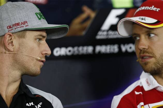 Motorsports: FIA Formula One World Championship WM Weltmeisterschaft 2016, Grand Prix of Germany, 27 Nico Hulkenberg (GER, Sahara Force India F1 Team), 5 Sebastian Vettel (GER, Scuderia Ferrari), xHOCHxZWEIx