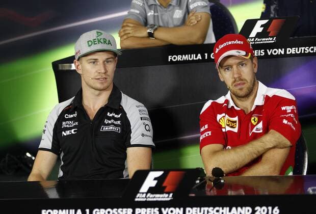 Motorsports: FIA Formula One World Championship WM Weltmeisterschaft 2016, Grand Prix of Germany, 27 Nico Hulkenberg (GER, Sahara Force India F1 Team), 5 Sebastian Vettel (GER, Scuderia Ferrari), xHOCHxZWEIx
