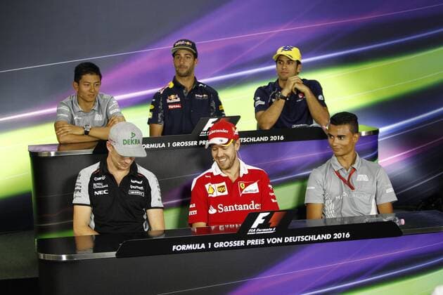 Motorsports: FIA Formula One World Championship WM Weltmeisterschaft 2016, Grand Prix of Germany, 27 Nico Hulkenberg (GER, Sahara Force India F1 Team), 5 Sebastian Vettel (GER, Scuderia Ferrari), 94 Pascal Wehrlein (GER, Manor Racing F1 Team), 88 Rio Haryanto (IND, Manor Racing F1 Team), 3 Daniel Ricciardo (AUS, Red Bull Racing), 12 Felipe Nasr (BRA, Sauber F1 Team), xHOCHxZWEIx