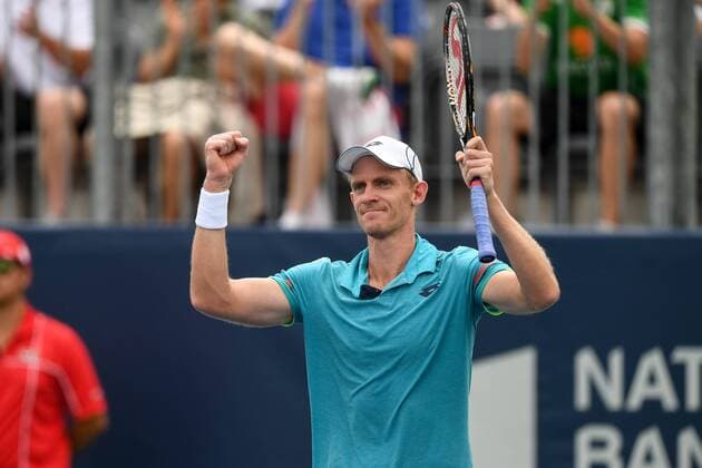 July 28, 2016: Kevin Anderson of South Africa celebrates his win against Bernard Tomic of Australia after their third round match of the Rogers Cup tournament at the Aviva Centre in Toronto, Ontario, Canada on July 28, 2016. Cal Media TENNIS 2016 - Rogers Cup Toronto July 28 - ZUMAc04_