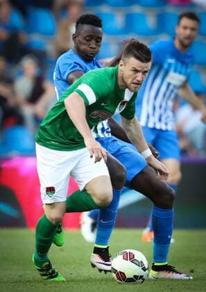 Cork s Steven Beattie and Genk s Wilfried Ndidi fight for the ball during the first leg game of the third qualifying round between Belgian first league soccer team KRC Genk and Ireland s Cork City F.C. in the Europa League competition, on Thursday 28 July 2016, in Genk. VIRGINIExLEFOUR  x04899726x