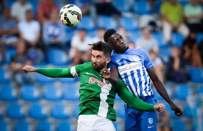 Cork s Sean Maguire and Genk s Wilfried Ndidi fight for the ball during the first leg game of the third qualifying round between Belgian first league soccer team KRC Genk and Ireland s Cork City F.C. in the Europa League competition, on Thursday 28 July 2016, in Genk. VIRGINIExLEFOUR  x04899733x