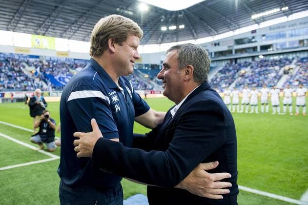 Gent s head coach Hein Vanhaezebrouck and Viitorul s head coach Gheorghe Hagi pictured before the first leg match of the third qualifying round between Belgian first league soccer team KAA Gent and Romania s FC Viitorul Constanta in the Europa League competition, on Thursday 28 July 2016, in Gent. JASPERxJACOBS  x04899751x