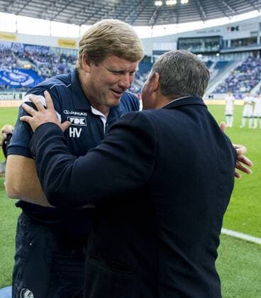 Gent s head coach Hein Vanhaezebrouck and Viitorul s head coach Gheorghe Hagi pictured before the first leg match of the third qualifying round between Belgian first league soccer team KAA Gent and Romania s FC Viitorul Constanta in the Europa League competition, on Thursday 28 July 2016, in Gent. JASPERxJACOBS  x04899752x