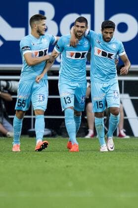 Gent s Rami Gershon, Gent s Stefan Mitrovic and Gent s Kenneth Saief celebrate after scoring during the first leg match of the third qualifying round between Belgian first league soccer team KAA Gent and Romania s FC Viitorul Constanta in the Europa League competition, on Thursday 28 July 2016, in Gent. JASPERxJACOBS  x04899771x