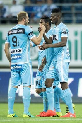 Gent s Laurent Depoitre and Gent s Kalifa Coulibaly celebrate after scoring during the first leg match of the third qualifying round between Belgian first league soccer team KAA Gent and Romania s FC Viitorul Constanta in the Europa League competition, on Thursday 28 July 2016, in Gent. JASPERxJACOBS  x04899929x
