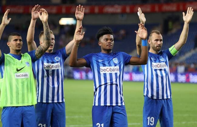 Genk s Nikolaos Karelis, Genk s Jere Uronen, Genk s Leon Bailey and Genk s Thomas Buffel celebrate after winning the first leg game of the third qualifying round between Belgian first league soccer team KRC Genk and Ireland s Cork City F.C. in the Europa League competition, on Thursday 28 July 2016, in Genk. VIRGINIExLEFOUR  x04899964x