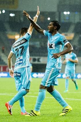 Gent s Danijel Milicevic and Gent s Renato Neto celebrate after scoring during the first leg match of the third qualifying round between Belgian first league soccer team KAA Gent and Romania s FC Viitorul Constanta in the Europa League competition, on Thursday 28 July 2016, in Gent. JASPERxJACOBS  x04899989x