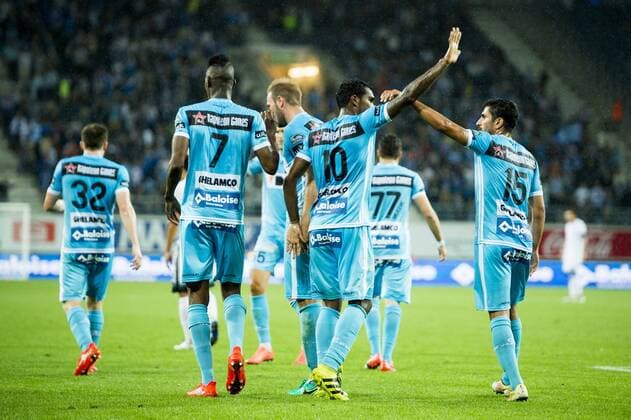 Gent s Kalifa Coulibaly, Gent s Renato Neto and Gent s Kenneth Saief celebrate after scoring during the first leg match of the third qualifying round between Belgian first league soccer team KAA Gent and Romania s FC Viitorul Constanta in the Europa League competition, on Thursday 28 July 2016, in Gent. JASPERxJACOBS  x04899990x