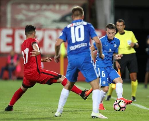 SOCCER - EL quali, Admira vs Liberec MARIA ENZERSDORF,AUSTRIA,28.JUL.16 - SOCCER - UEFA Europa League, qualification, FC Admira Wacker Moedling vs FC Slovan Liberec. Image shows Eldis Bajrami (Admira) and Jan Sykora (Liberec). GEPAxpictures xPatrickxLeuk