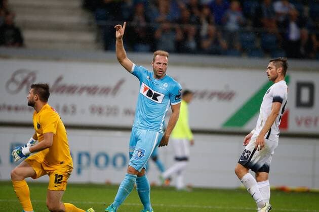 Gent s Laurent Depoitre pictured during the first leg match of the third qualifying round between Belgian first league soccer team KAA Gent and Romania s FC Viitorul Constanta in the Europa League competition, on Thursday 28 July 2016, in Gent. BRUNOxFAHY  x04900003x