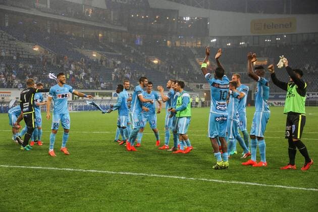 Gent s players celebrate after winning the first leg match of the third qualifying round between Belgian first league soccer team KAA Gent and Romania s FC Viitorul Constanta in the Europa League competition, on Thursday 28 July 2016, in Gent. BRUNOxFAHY  x04900021x