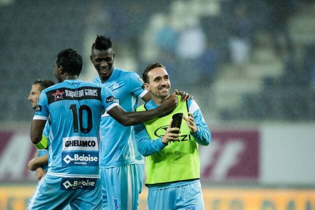 Gent s Renato Neto, Gent s Kalifa Coulibaly and Gent s Sven Kums celebrate after winning the first leg match of the third qualifying round between Belgian first league soccer team KAA Gent and Romania s FC Viitorul Constanta in the Europa League competition, on Thursday 28 July 2016, in Gent. JASPERxJACOBS  x04900025x