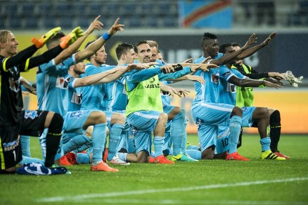 Gent s players celebrate after winning the first leg match of the third qualifying round between Belgian first league soccer team KAA Gent and Romania s FC Viitorul Constanta in the Europa League competition, on Thursday 28 July 2016, in Gent. JASPERxJACOBS  x04900030x