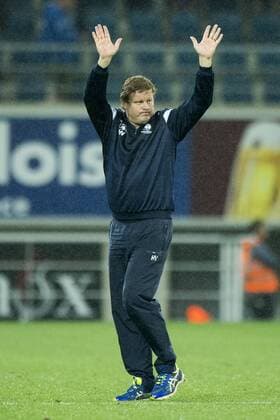 Gent s head coach Hein Vanhaezebrouck celebrate after winning the first leg match of the third qualifying round between Belgian first league soccer team KAA Gent and Romania s FC Viitorul Constanta in the Europa League competition, on Thursday 28 July 2016, in Gent. JASPERxJACOBS  x04900038x