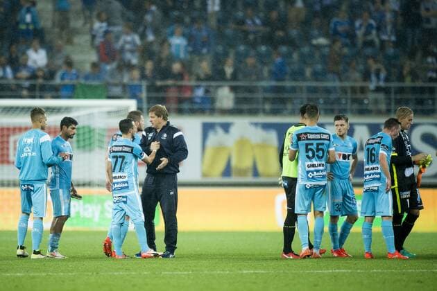 Gent s Danijel Milicevic and Gent s head coach Hein Vanhaezebrouck celebrate after winning the first leg match of the third qualifying round between Belgian first league soccer team KAA Gent and Romania s FC Viitorul Constanta in the Europa League competition, on Thursday 28 July 2016, in Gent. JASPERxJACOBS  x04900040x