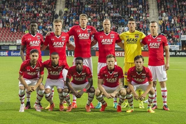(BL-R) Derrick Luckassen of AZ Alkmaar, Markus Henriksen of AZ Alkmaar, Wout Weghorst of AZ Alkmaar, Ron Vlaar of AZ Alkmaar, Goalkeeper Sergio Rochet of AZ Alkmaar, Stijn Wuytens of AZ Alkmaar (FL-R) Alireza Jahanbakhsh of AZ Alkmaar, Dabney dos Santos (Souza) of AZ Alkmaar, Ridgeciano Haps of AZ Alkmaar, Mattias Johansson of AZ Alkmaar, Joris van Overeem of AZ Alkmaar during the UEFA Europa League third round first leg qualifying match between AZ Alkmaar and Giannina on July 28, 2016 at the AFAS stadium in Alkmaar, The Netherlands. AZ Alkmaar v Giannina UEFA Europa League third round 2016 2017 xVIxGerritxvanxKeulenxIVx 5906678