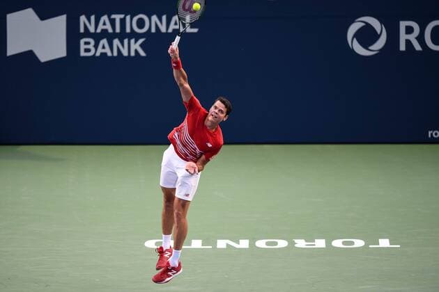 July 28, 2016: Milos Raonic of Canada serves the ball to Jared Donaldson or the United States Jared Donaldson during their third round match of the Rogers Cup tournament at the Aviva Centre in Toronto, Ontario, Canada on July 28, 2016. Cal Media TENNIS 2016 - Rogers Cup Toronto July 28 - ZUMAc04_