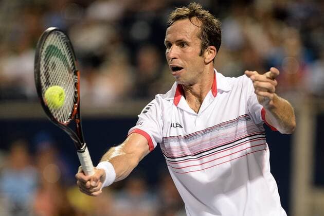July 28, 2016: Radek Stepanek of Czech Republic returns the ball to Novak Djokovic of Serbia & Montenegro during their third round match of the Rogers Cup tournament at the Aviva Centre in Toronto, Ontario, Canada on July 28, 2016. Cal Media TENNIS 2016 - Rogers Cup Toronto July 28 - ZUMAc04_