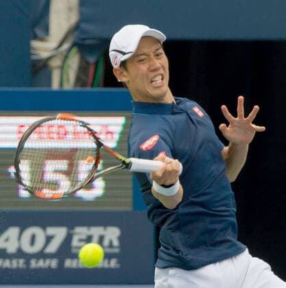 Tennis: Nishikori cruises into quarterfinals in Toronto World No. 6 Kei Nishikori of Japan hits a forehand to American Rajeev Ram in the third round of the Rogers Cup in Toronto on July 28, 2016. Nishikori reached the quarterfinals with a 6-3, 6-4 win. 