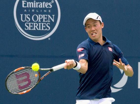 Tennis: Nishikori cruises into quarterfinals in Toronto World No. 6 Kei Nishikori of Japan hits a forehand to American Rajeev Ram in the third round of the Rogers Cup in Toronto on July 28, 2016. Nishikori reached the quarterfinals with a 6-3, 6-4 win. 
