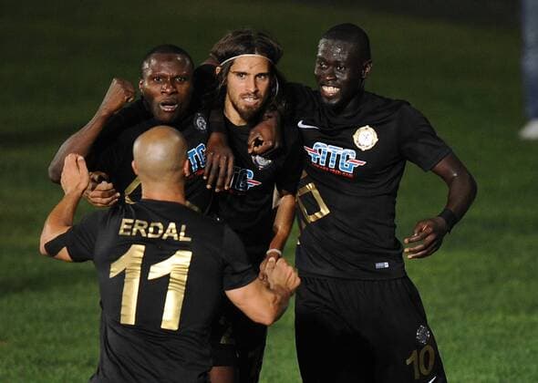 Fußball, EL Quali, Osmanlispor FK Ankara - Nomme Kalju Erdal Kilicaslan, Tiago Pinto, Badou Ndiaye and Umar Aminu (Osmanlispor)... Osmanlispor (Turkey) - Nomme Kalju (Estonia) UEFA Europe League third qualifying round match, 28 July 2016, in Ankara. (  Copyright: AbdurrahmanxAntakyalix-xDepoxPho 15449427