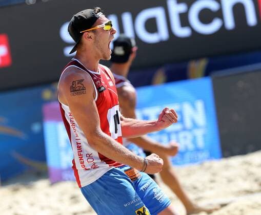 Beachvolleyball. Beach volleyball Beachvolleyball Major Series. Martin ERMACORA, Moritz Bernd PRISTAUZ TELSNIGG (AUT). Klagenfurt, 29.7.2016.