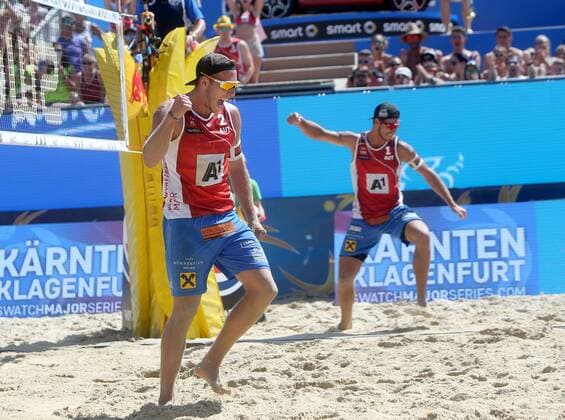 Beachvolleyball. Beach volleyball Beachvolleyball Major Series. Martin ERMACORA, Moritz Bernd PRISTAUZ TELSNIGG (AUT). Klagenfurt, 29.7.2016.