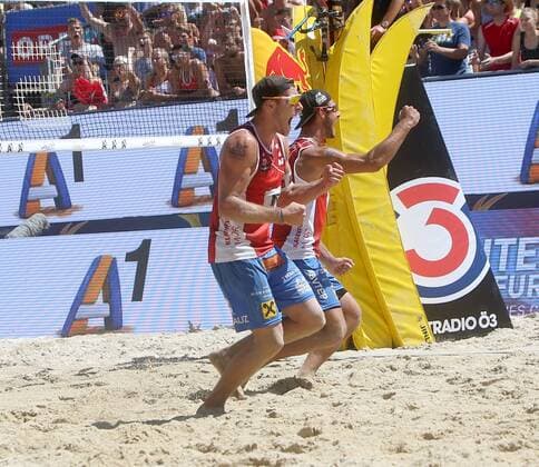 Beachvolleyball. Beach volleyball Beachvolleyball Major Series. Martin ERMACORA, Moritz Bernd PRISTAUZ TELSNIGG (AUT). Klagenfurt, 27.7.2016.