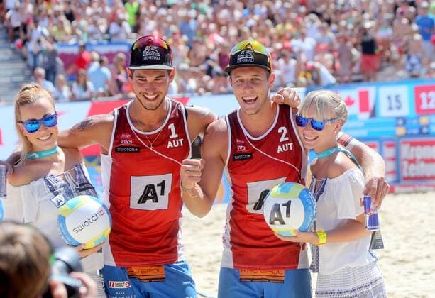 Beachvolleyball. Beach volleyball Beachvolleyball Major Series. Martin ERMACORA, Moritz Bernd PRISTAUZ TELSNIGG (AUT). Klagenfurt, 27.7.2016.