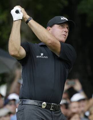 Phil Mickelson hits his tee shot on the 4th hole in the second round at the PGA Golf Herren Championship at Baltusrol Golf Club in Springfield, New Jersey on July 29, 2016.  PGA20160729118 JOHNxANGELILLO