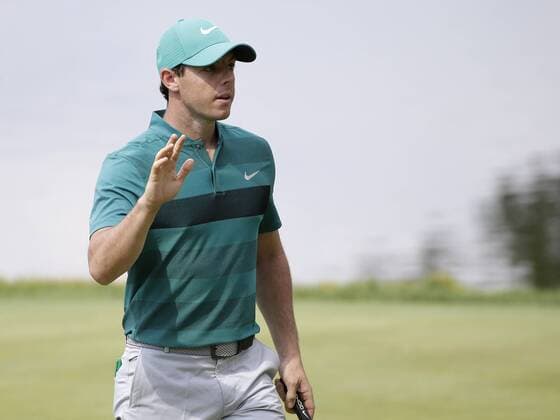 Rory McIlroy of Northern Ireland reacts after putting on the 4th hole in the second round at the PGA Golf Herren Championship at Baltusrol Golf Club in Springfield, New Jersey on July 29, 2016.  PGA20160729114 JOHNxANGELILLO