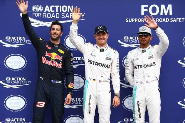 German Grand Prix, Hockenheimring 28 - 31 July 2016 30.07.2016 - Qualifying, 3rd position Daniel Ricciardo (AUS) Red Bull Racing RB12, Nico Rosberg (GER) Mercedes AMG F1 W07 Hybrid pole position and 2nd position Lewis Hamilton (GBR) Mercedes AMG F1 W07 Hybrid 