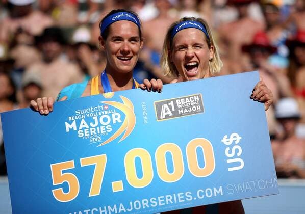 BEACHVOLLEYBALL - A1 Major Klagenfurt 2016 KLAGENFURT,AUSTRIA,30.JUL.16 - Beach volleyball Beachvolleyball - FIVB World Tour 2016, A1 Major Klagenfurt, women, award ceremony. Image shows the rejoicing of Kira Walkenhorst and Laura Ludwig (GER). GEPAxpictures xDanielxGoetzhaber