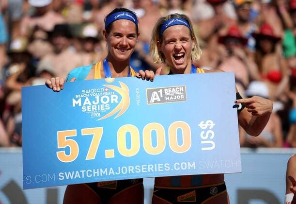 BEACHVOLLEYBALL - A1 Major Klagenfurt 2016 KLAGENFURT,AUSTRIA,30.JUL.16 - Beach volleyball Beachvolleyball - FIVB World Tour 2016, A1 Major Klagenfurt, women, award ceremony. Image shows the rejoicing of Kira Walkenhorst and Laura Ludwig (GER). GEPAxpictures xDanielxGoetzhaber