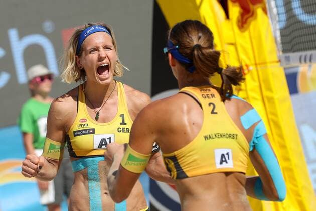 BEACHVOLLEYBALL - A1 Major Klagenfurt 2016 KLAGENFURT,AUSTRIA,30.JUL.16 - Beach volleyball Beachvolleyball - FIVB World Tour 2016, A1 Major Klagenfurt, women. Image shows the rejoicing of Laura Ludwig and Kira Walkenhorst (GER). GEPAxpictures xMaticxKlansek