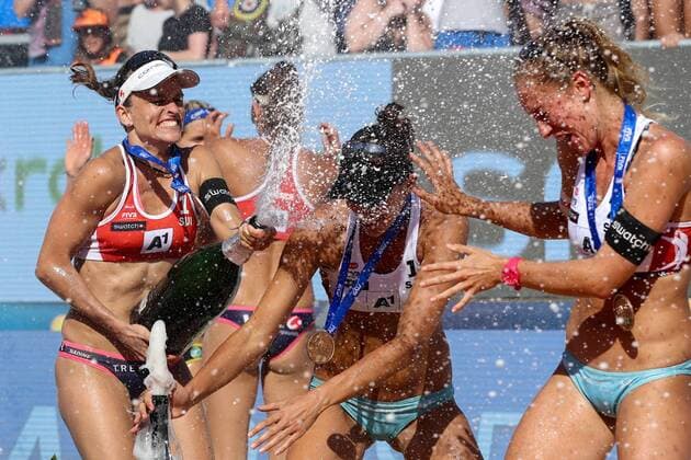 BEACHVOLLEYBALL - A1 Major Klagenfurt 2016 KLAGENFURT,AUSTRIA,30.JUL.16 - Beach volleyball Beachvolleyball - FIVB World Tour 2016, A1 Major Klagenfurt, women, award ceremony. Image shows the rejoicing of Nadine Zumkehr, Joana Heidrich, Tanja Hueberli and Nina Betschart (SUI). GEPAxpictures xMaticxKlansek