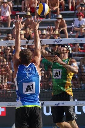 BEACHVOLLEYBALL - A1 Major Klagenfurt 2016 KLAGENFURT,AUSTRIA,30.JUL.16 - Beach volleyball Beachvolleyball - FIVB World Tour 2016, A1 Major Klagenfurt, men. Image shows Davide Dal Molin (ITA) and Gustavo Carvalhaes (BRA). GEPAxpictures xMaticxKlansek