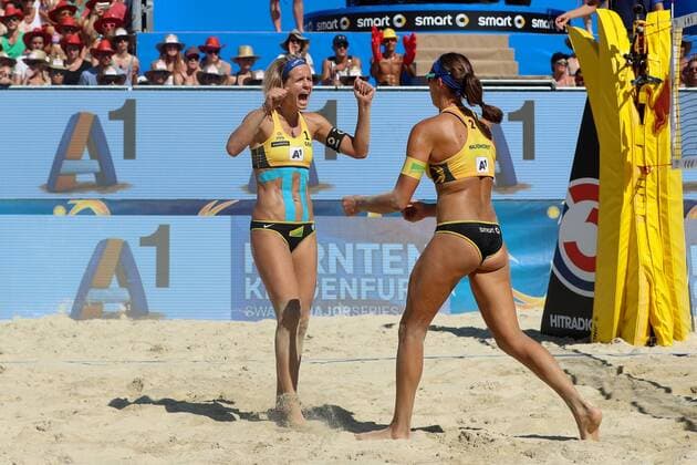 BEACHVOLLEYBALL - A1 Major Klagenfurt 2016 KLAGENFURT,AUSTRIA,30.JUL.16 - Beach volleyball Beachvolleyball - FIVB World Tour 2016, A1 Major Klagenfurt, women. Image shows the rejoicing of Laura Ludwig and Kira Walkenhorst (GER). GEPAxpictures xMaticxKlansek
