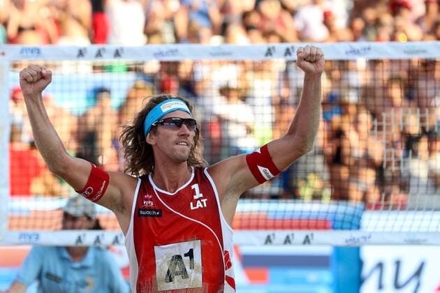 BEACHVOLLEYBALL - A1 Major Klagenfurt 2016 KLAGENFURT,AUSTRIA,30.JUL.16 - Beach volleyball Beachvolleyball - FIVB World Tour 2016, A1 Major Klagenfurt, men. Image shows the rejoicing of Aleksandrs Samoilovs (LAT). GEPAxpictures xMaticxKlansek