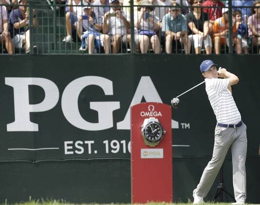 Jordan Spieth tees of on the first hole in the 3rd round at the PGA Golf Herren Championship at Baltusrol Golf Club in Springfield, New Jersey on July 30, 2016.  PGA20160730110 JOHNxANGELILLO