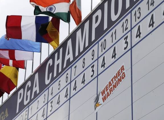 A weather warning is posted on the leader board as rain approaches in the 3rd round at the PGA Golf Herren Championship at Baltusrol Golf Club in Springfield, New Jersey on July 30, 2016.  PGA20160730102 JOHNxANGELILLO
