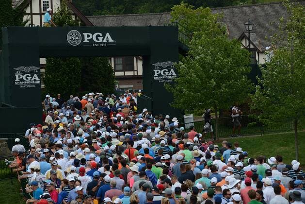 July 30, 2016 - Springfield Township, NJ, USA - A crowd moves toward an exit near the first hole at the PGA Golf Herren Championship at Baltusrol Golf Club in Springfield Township, N.J., as play is suspended due to weather on Saturday, July 30, 2016. PGA Championship, Round 3 - ZUMAm67_