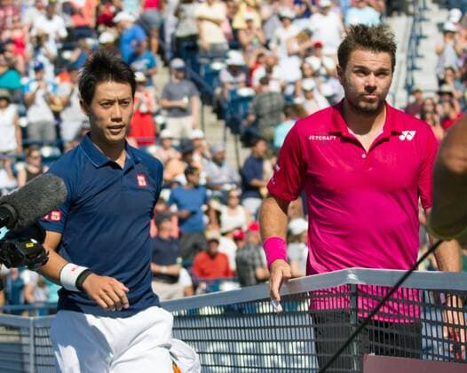 Nishikori advances to his 1st Rogers Cup final Kei Nishikori (L) of Japan and Stan Wawrinka of Switzerland are seen after Nishikori won their semifinal match 7-6(6), 6-1 at the Rogers Cup tennis tournament in Toronto on July 30, 2016. Nishikori reached his first Rogers Cup final. 
