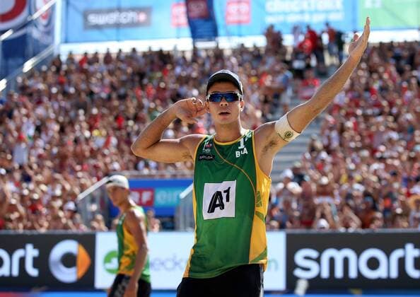 BEACHVOLLEYBALL - A1 Major Klagenfurt 2016 KLAGENFURT,AUSTRIA,31.JUL.16 - Beach volleyball Beachvolleyball - FIVB World Tour 2016, A1 Major Klagenfurt, men. Image shows the rejoicing of Gustavo Carvalhaes (BRA). GEPAxpictures xDanielxGoetzhaber