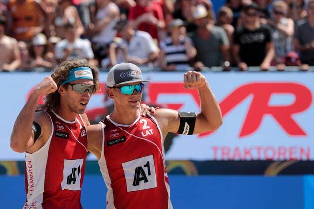 BEACHVOLLEYBALL - A1 Major Klagenfurt 2016 KLAGENFURT,AUSTRIA,31.JUL.16 - Beach volleyball Beachvolleyball - FIVB World Tour 2016, A1 Major Klagenfurt, men. Image shows Aleksandrs Samoilovs and Janis Smedins (LAT). GEPAxpictures xMaticxKlansek