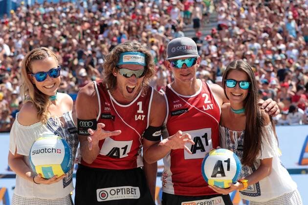 BEACHVOLLEYBALL - A1 Major Klagenfurt 2016 KLAGENFURT,AUSTRIA,31.JUL.16 - Beach volleyball Beachvolleyball - FIVB World Tour 2016, A1 Major Klagenfurt, men. Image shows Aleksandrs Samoilovs and Janis Smedins (LAT). GEPAxpictures xMaticxKlansek