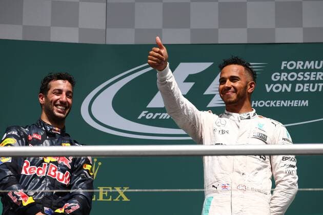 German Grand Prix, Hockenheimring 28 - 31 July 2016 31.07.2016 - Race, 2nd position Daniel Ricciardo (AUS) Red Bull Racing RB12 and Lewis Hamilton (GBR) Mercedes AMG F1 W07 Hybrid race winner 