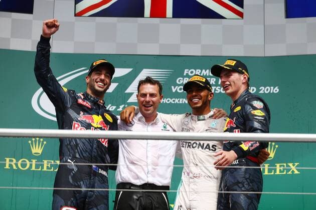 German Grand Prix, Hockenheimring 28 - 31 July 2016 31.07.2016 - Race, 1st position Lewis Hamilton (GBR) Mercedes AMG F1 W07 Hybrid, 2nd position Daniel Ricciardo (AUS) Red Bull Racing RB12 and 3rd position Max Verstappen (NED) Red Bull Racing RB12 